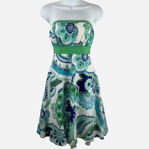 My Michelle White Midi Sundress Blue Green Paisley Print Strapless
